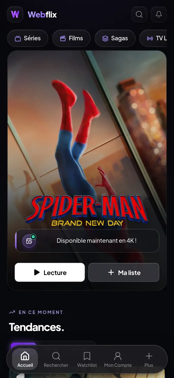 Webflix sur mobile : accueil et barre de navigation du bas.